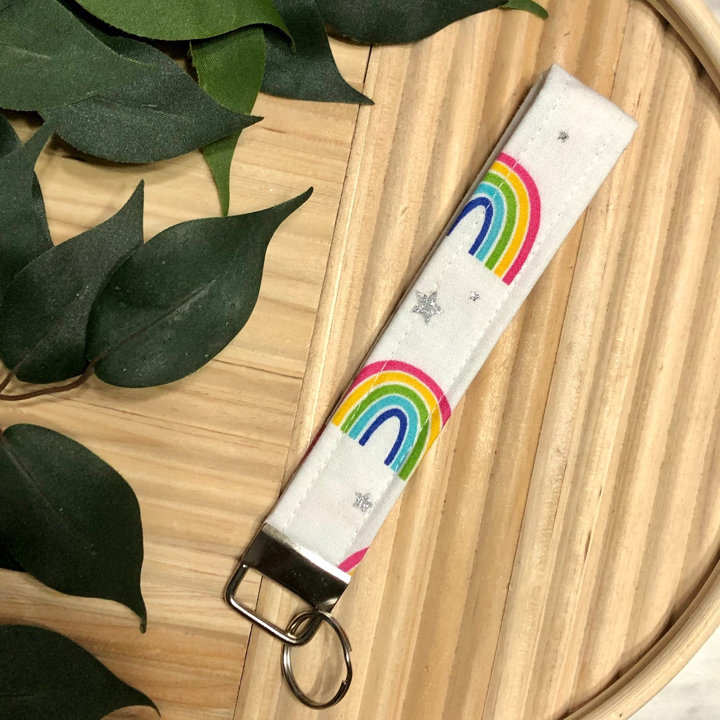 Glitter Stars & Rainbows Print Fabric Wristlet Keychain, Key Fob