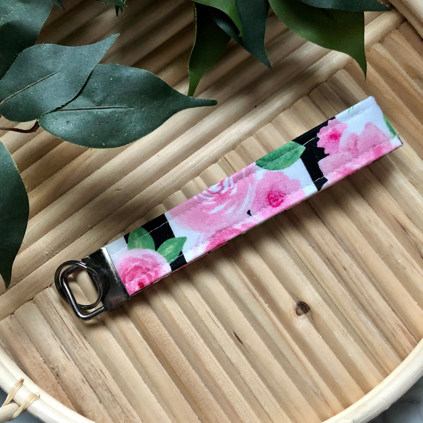 Flowers and Stripe Print Fabric Wristlet Keychain, Key Fob