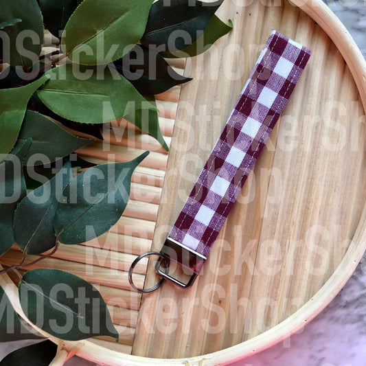 Burgundy Gingham Print Fabric Keychain