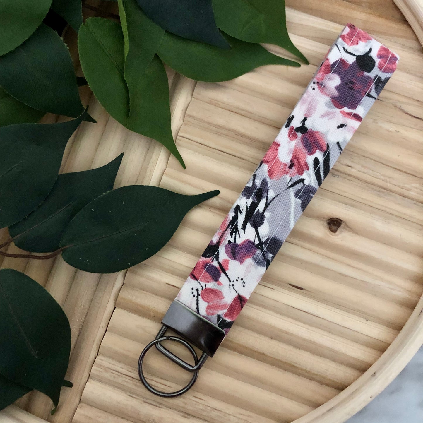 Abstract Berry Floral Print Fabric Wristlet Keychain, Key Fob