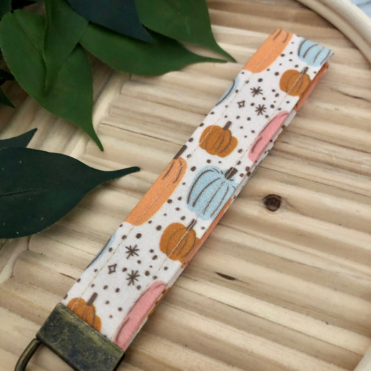 Magical Fall Pumpkins Print Fabric Wristlet Keychain, Key Fob