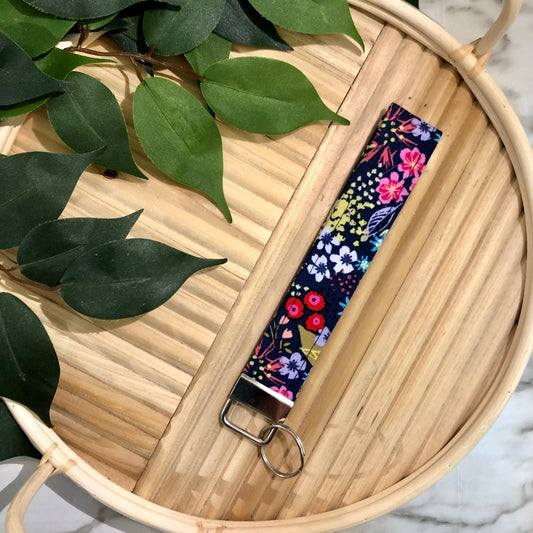 Pink Floral on Navy Print Fabric Keychain, Key Fob