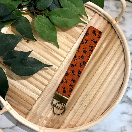 Rust & Black Floral Print Fabric Keychain, Key Fob