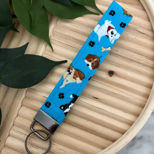 Blue Pups Print Fabric Wristlet Keychain, Key Fob
