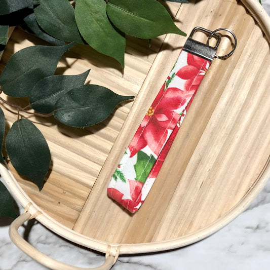 Poinsettia Print Fabric Wristlet Keychain, Key Fob