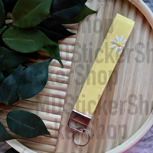 Yellow Embroidered Daisy Print Fabric Keychain