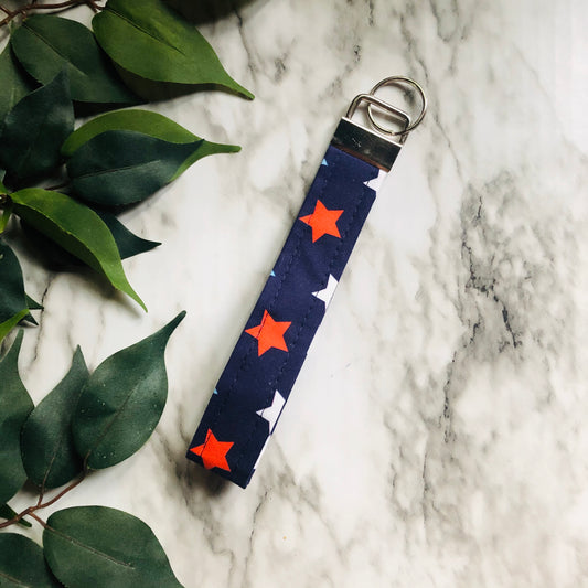 Navy Medium Patriotic Star Print Fabric Wristlet Keychain, Key Fob