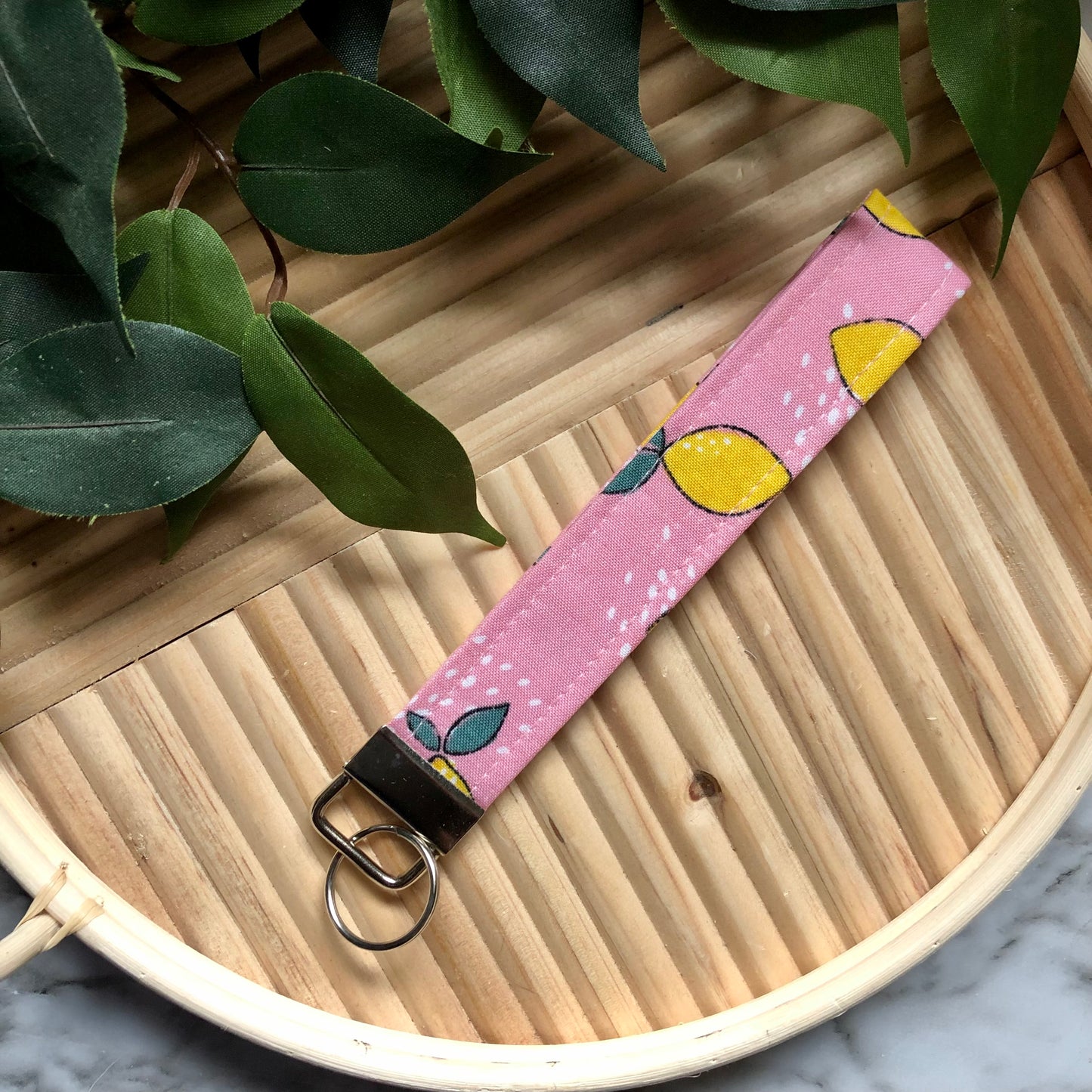 Pink Lemon Print Fabric Wristlet Keychain, Key Fob