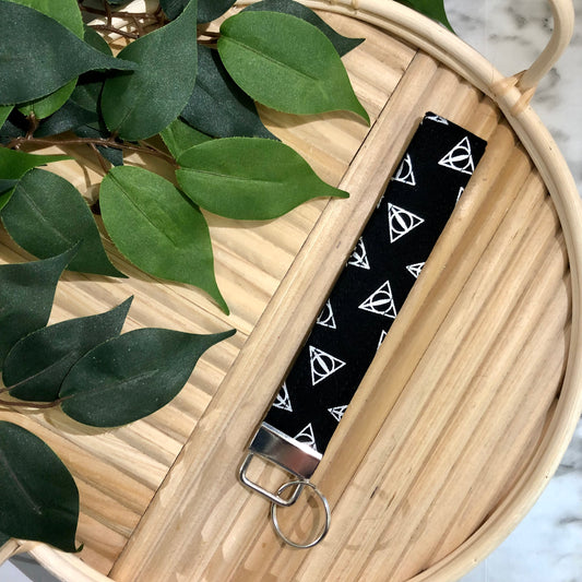 Black and Silver Deathly Hallows Print Fabric Keychain, Key Fob
