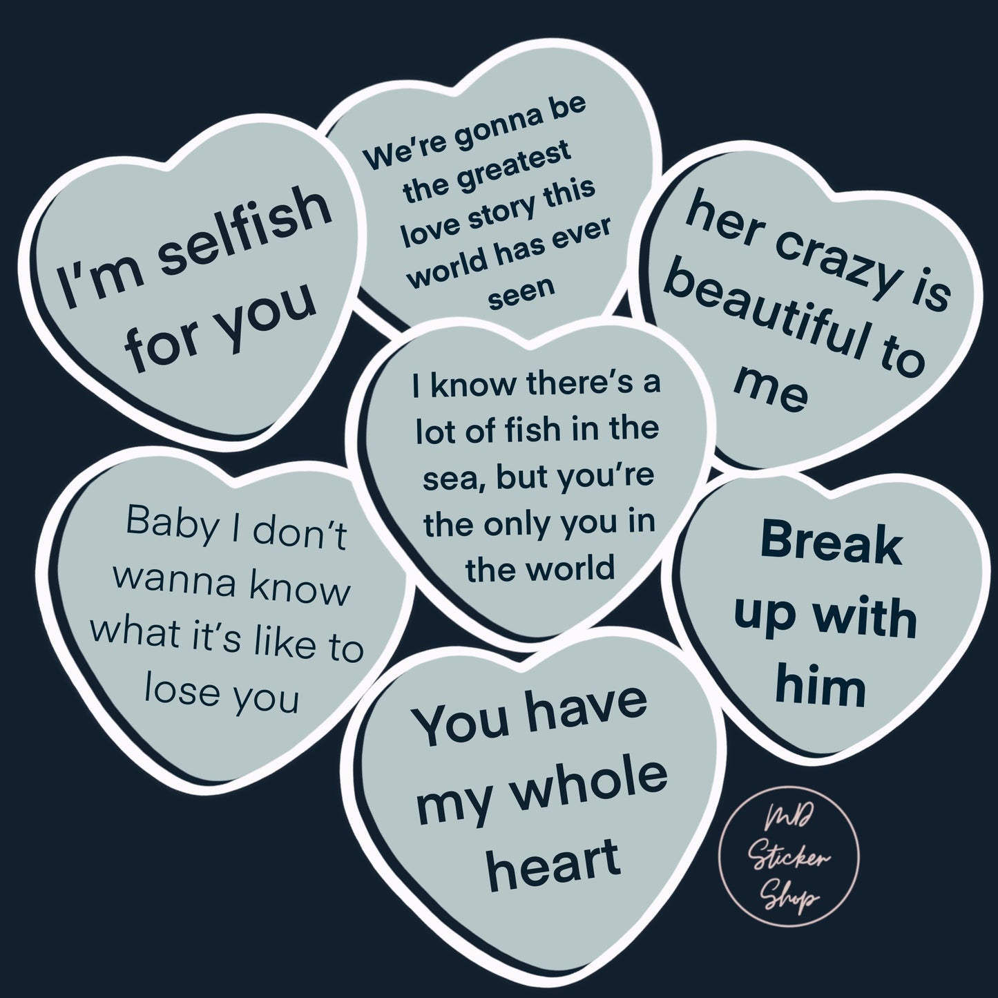 Country Music Lyric Conversation Heart Stickers in Grey/Blue