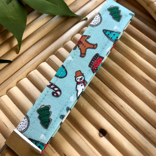Blue Holiday Print Fabric Keychain, Key Fob