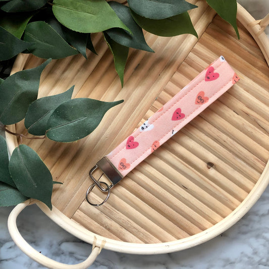 Pink Happy Hearts Print Fabric Wristlet Keychain, Key Fob