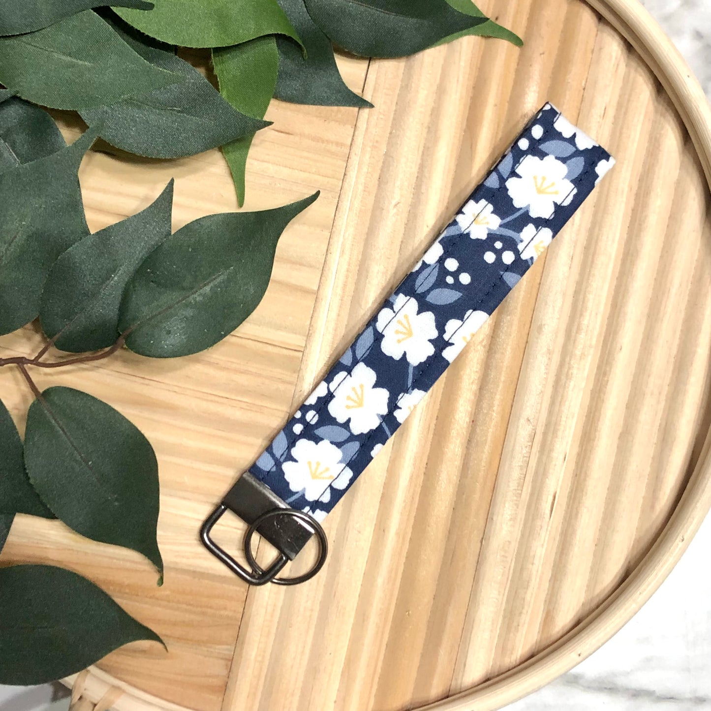 White Floral Navy Print Fabric Wristlet Keychain, Key Fob