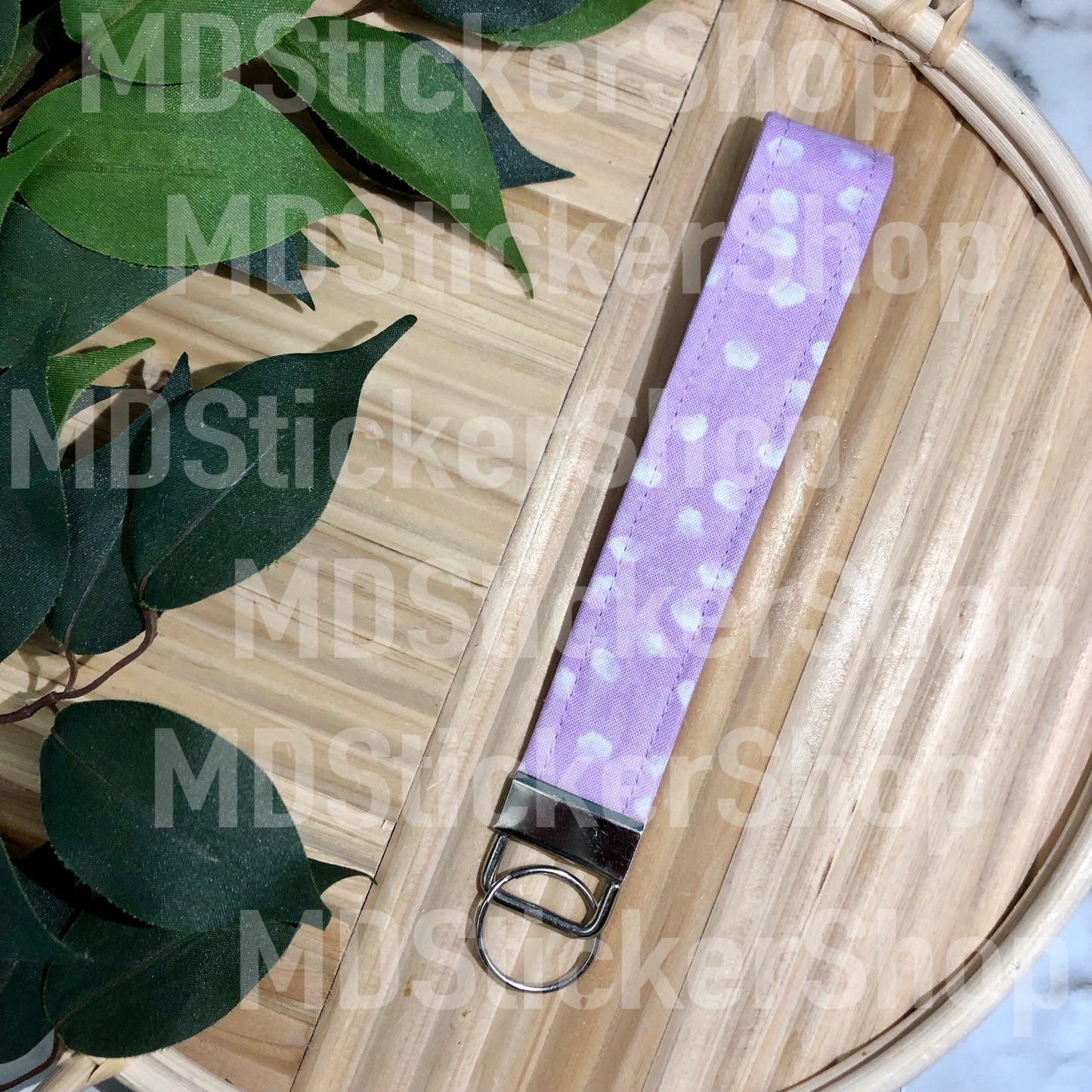 White Dots on Lilac Print Fabric Keychain