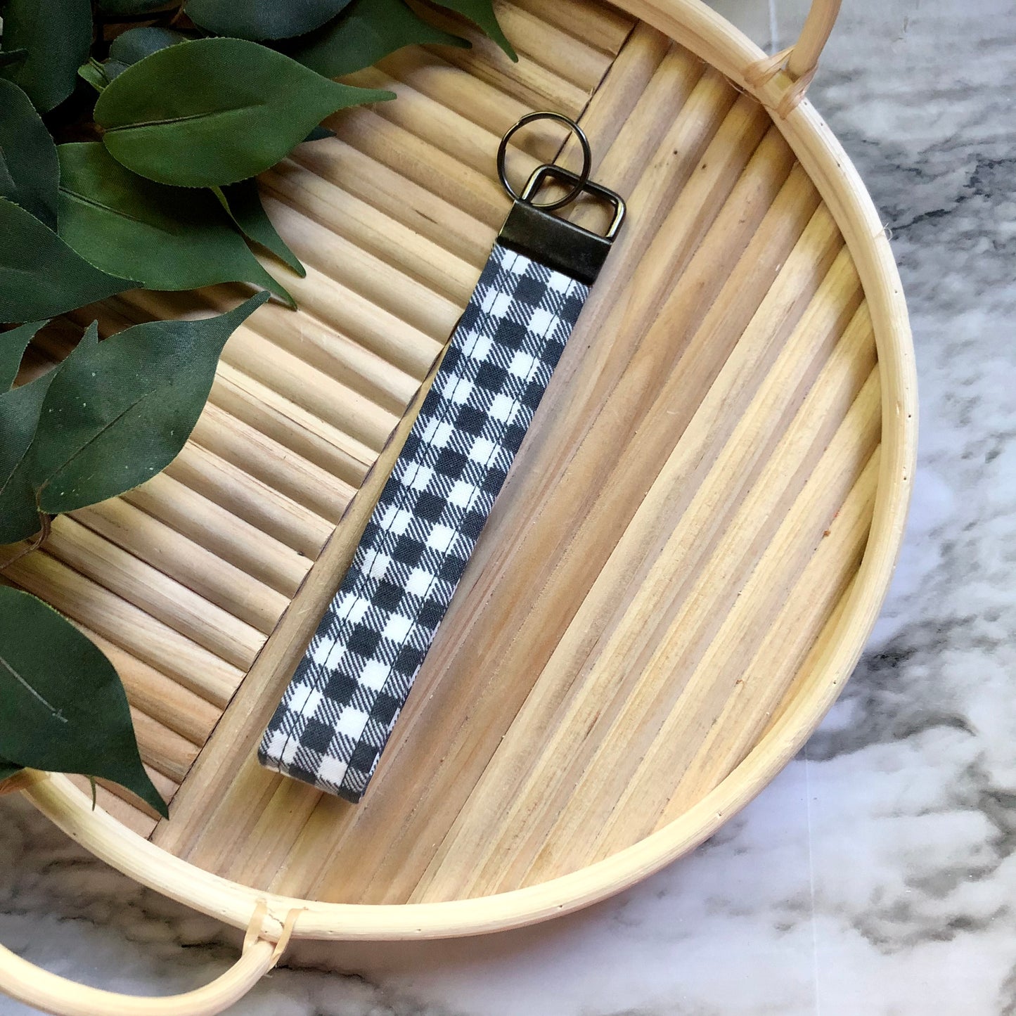 Charcoal and White Gingham Print Fabric Wristlet Keychain, Key Fob