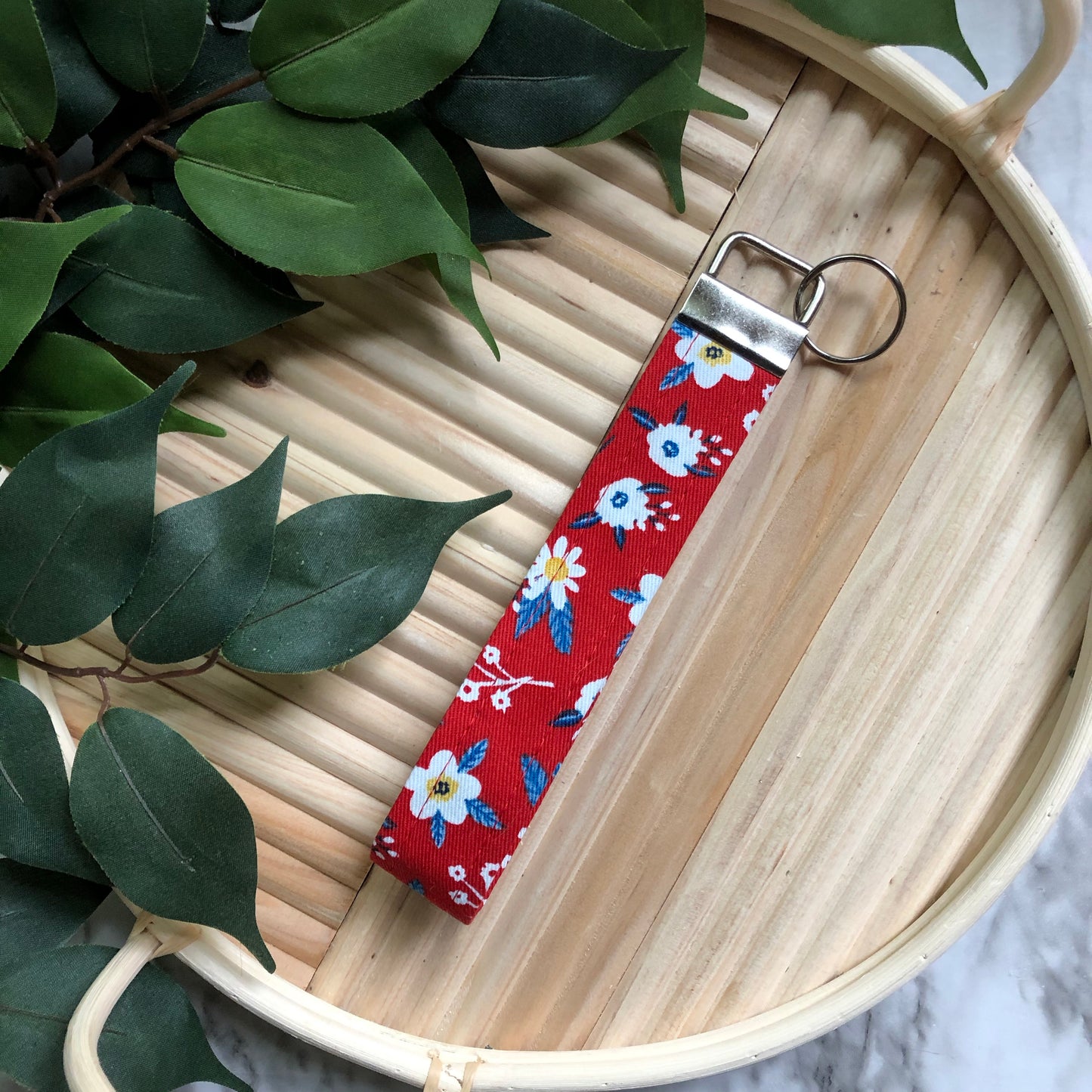 Red Floral Print Wristlet Keychain, Key Fob