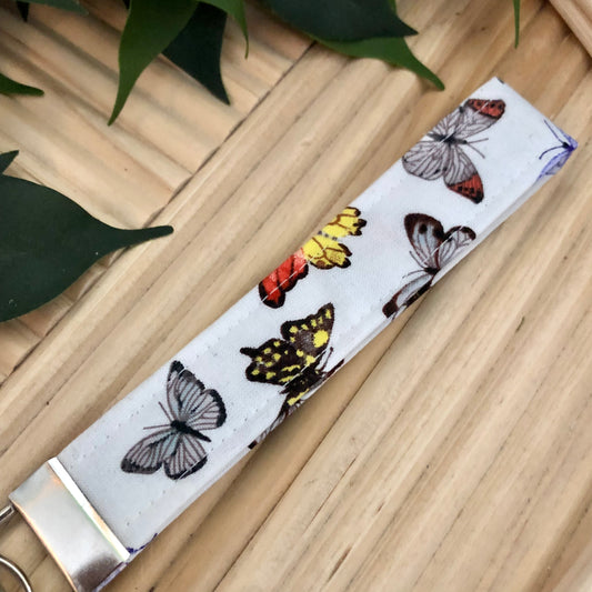 White Butterfly Print Fabric Wristlet Keychain, Key Fob