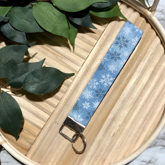 Blue Glitter Snowflake Print Fabric Wristlet Keychain, Key Fob