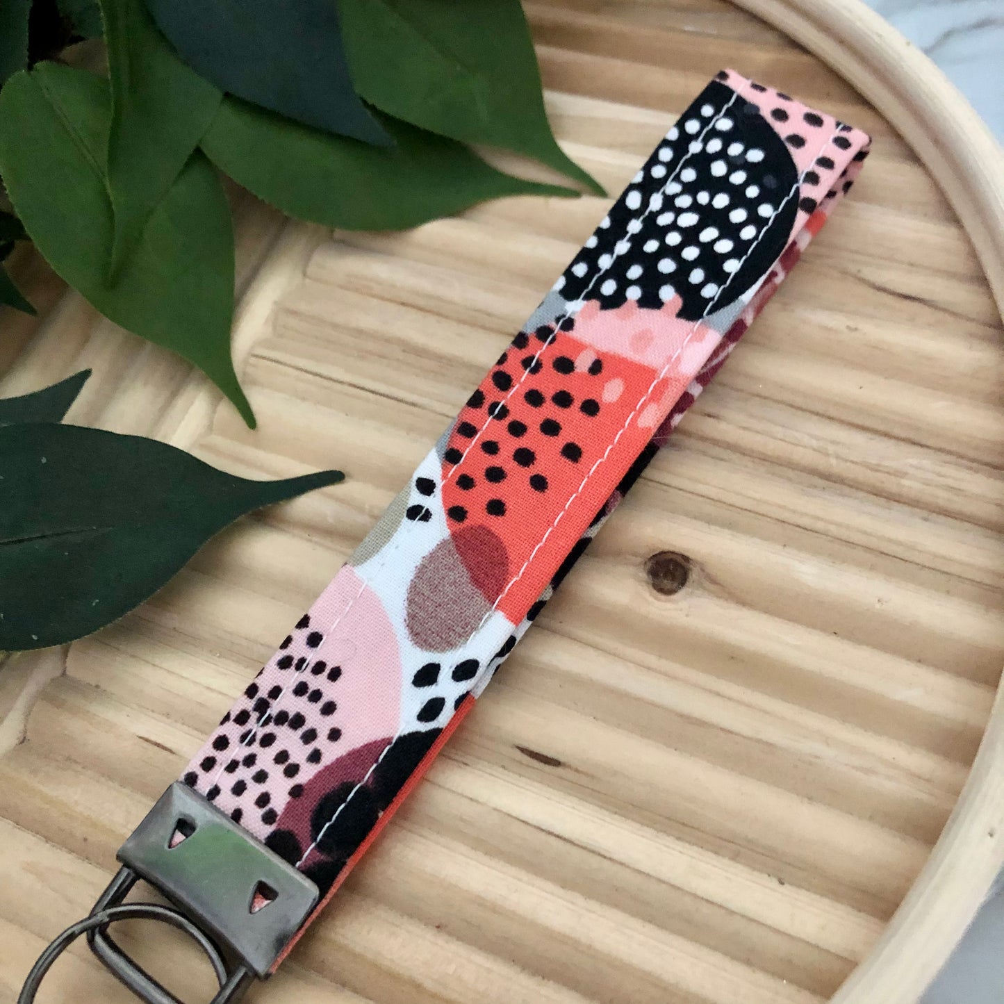 Pink Geo Print Fabric Wristlet Keychain, Key Fob