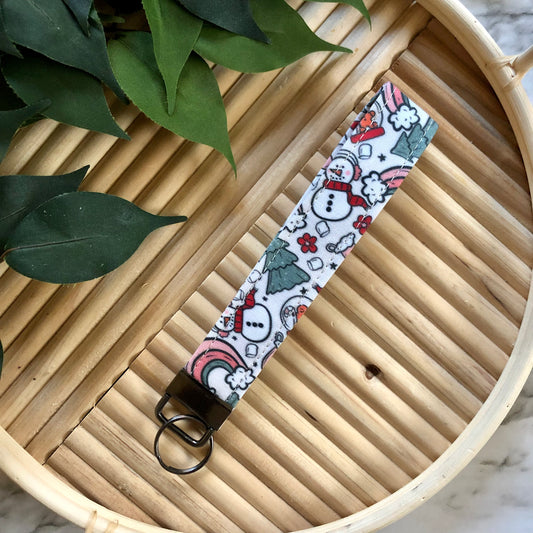 Snowman Doodle Print Fabric Keychain, Key Fob