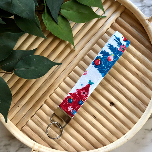 Country Christmas Print Fabric Keychain, Key Fob
