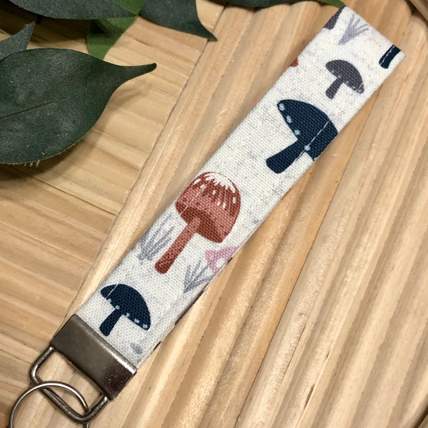 Cream Mushroom Print Fabric Wristlet Keychain, Key Fob