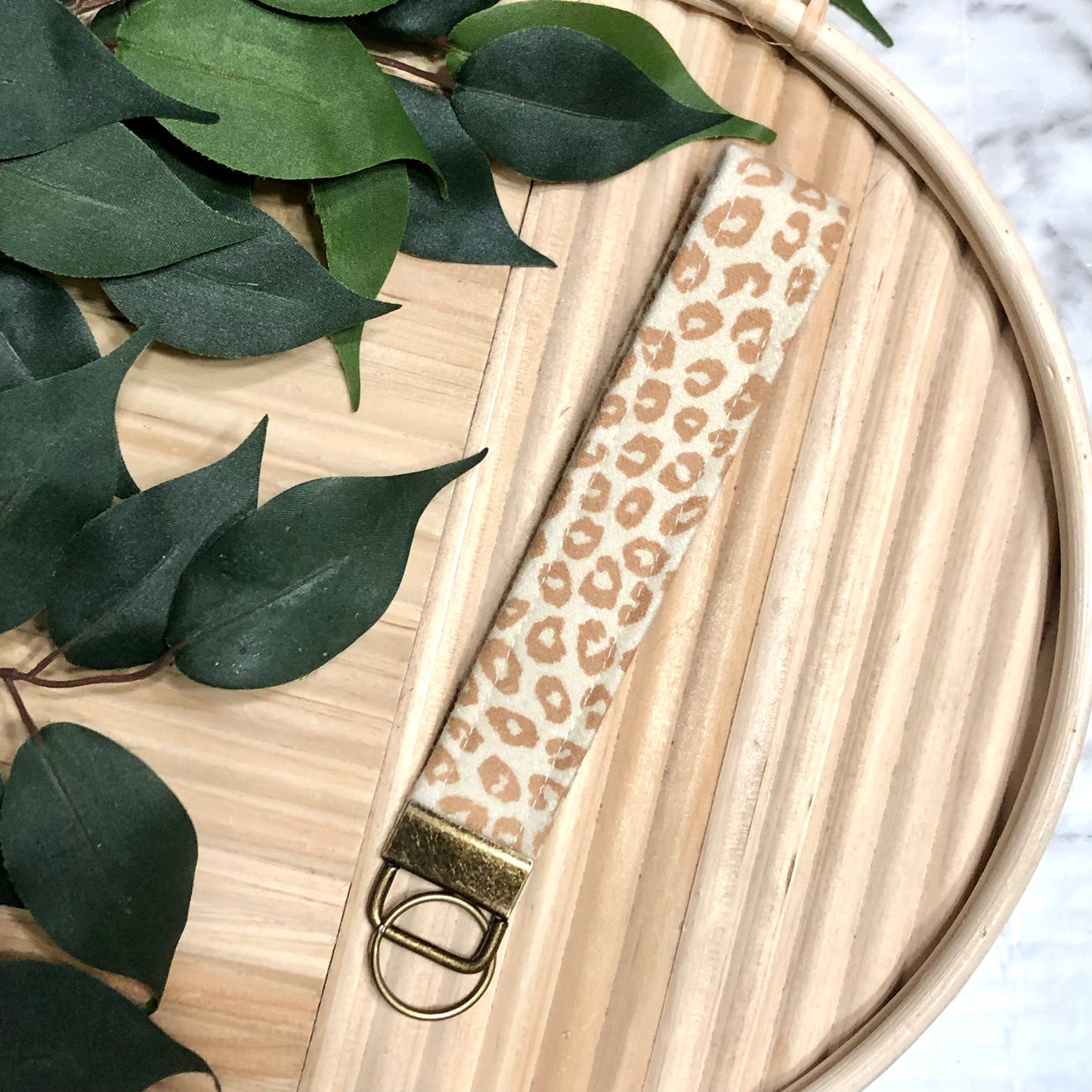 Caramel Leopard Print Flannel Fabric Wristlet Keychain, Key Fob