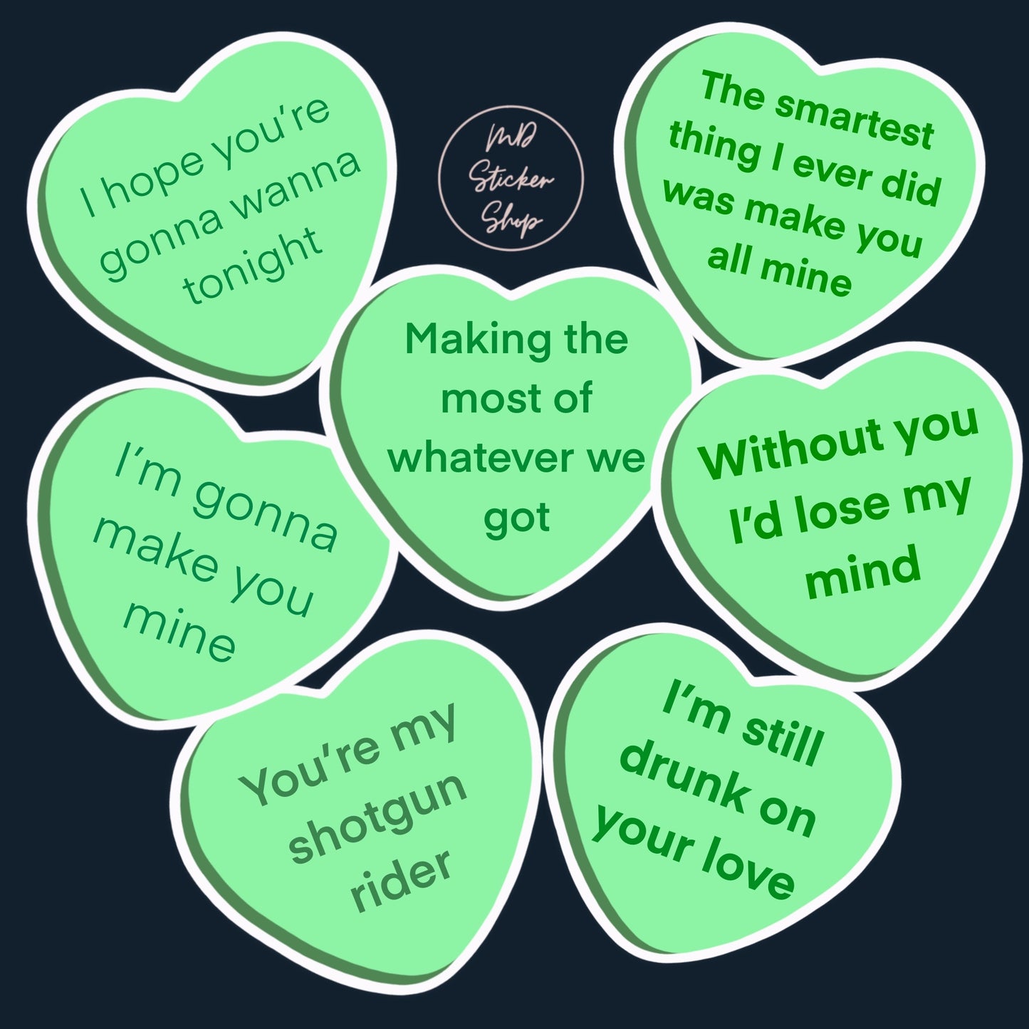 Country Music Lyric Conversation Heart Stickers in Green