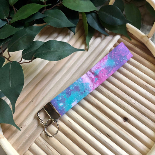 Pink, Purple, Teal, and White Tie Dye Print Wristlet Keychain, Key Fob