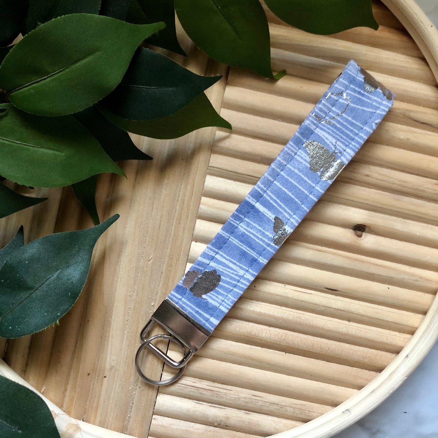 Blue Metallic Butterfly Print Fabric Wristlet Keychain, Key Fob