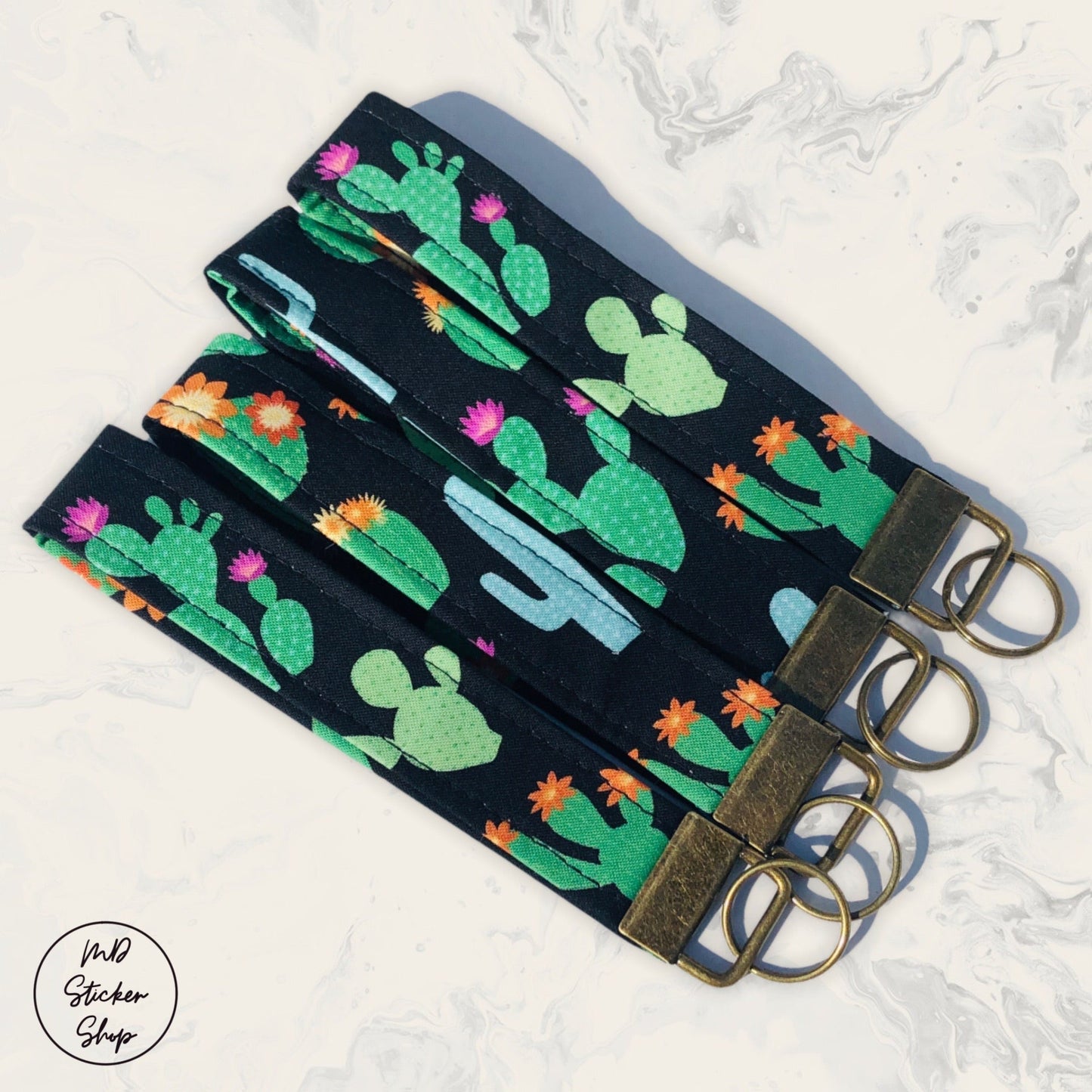 Black Cacti Print Fabric Wristlet Keychain, Key Fob