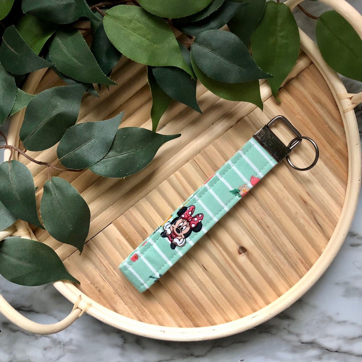 Floral Mint Minnie Mouse Print Fabric Wristlet Keychain, Key Fob
