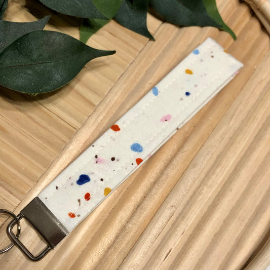 Cream Terazzo Print Fabric Wristlet Keychain, Key Fob