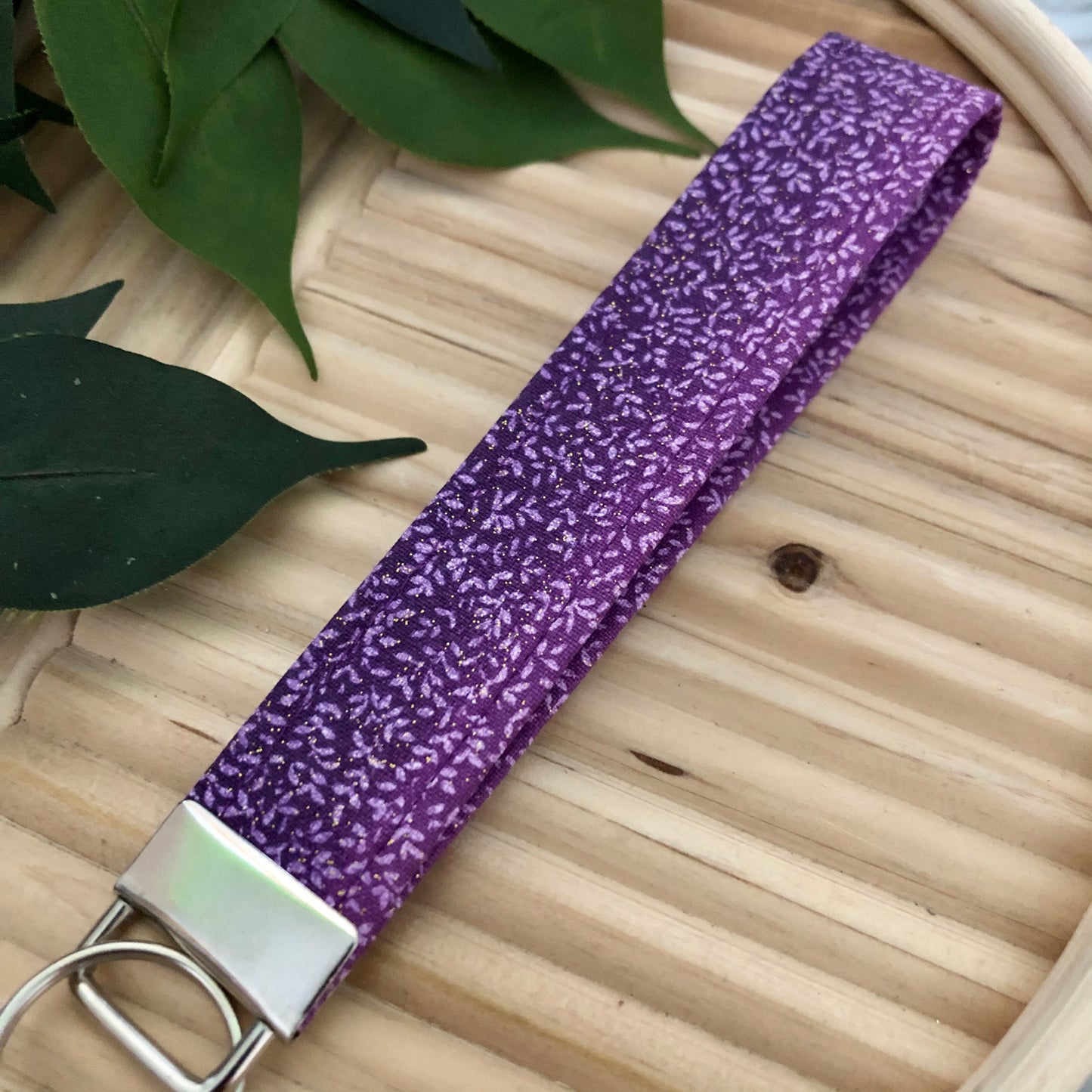 Purple Ombré Glitter Print Fabric Wristlet Keychain, Key Fob