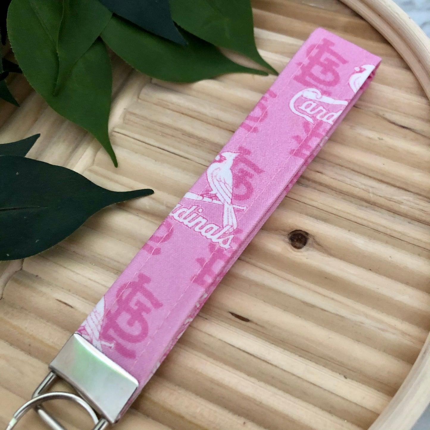 St. Louis Cardinals Pink Print Fabric Wristlet Keychain, Key Fob