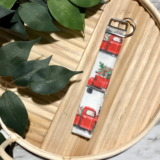 Christmas Truck Print Fabric Wristlet Keychain, Key Fob