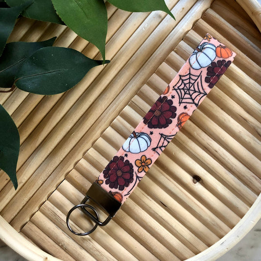 Fall Floral Pumpkin Print Fabric Keychain, Key Fob
