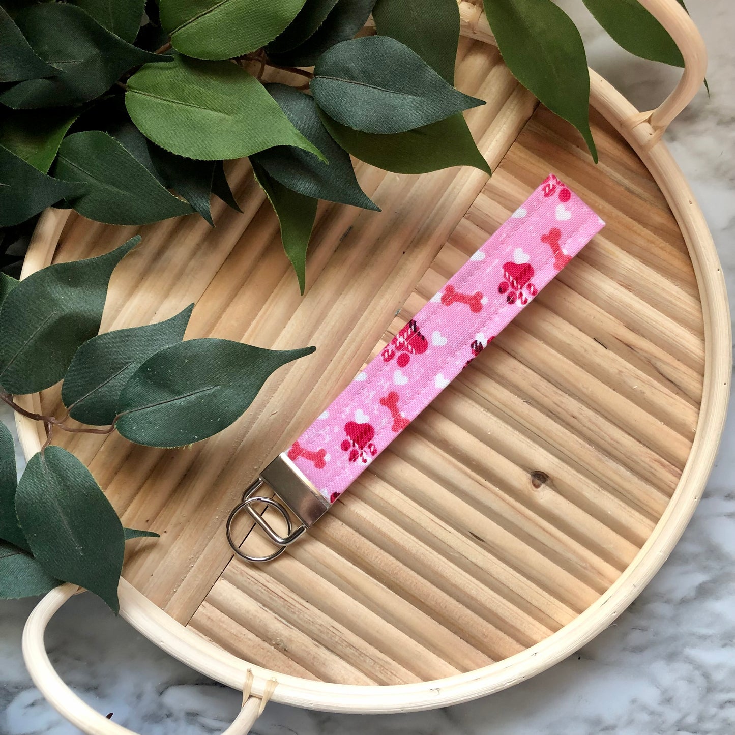 Pink Puppy Love Print Fabric Wristlet Keychain, Key Fob