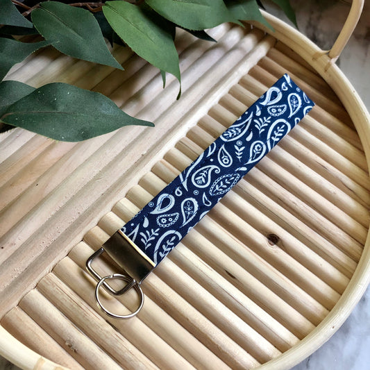 Navy Paisley Print Fabric Keychain, Key Fob, Navy Hanker-chief Print