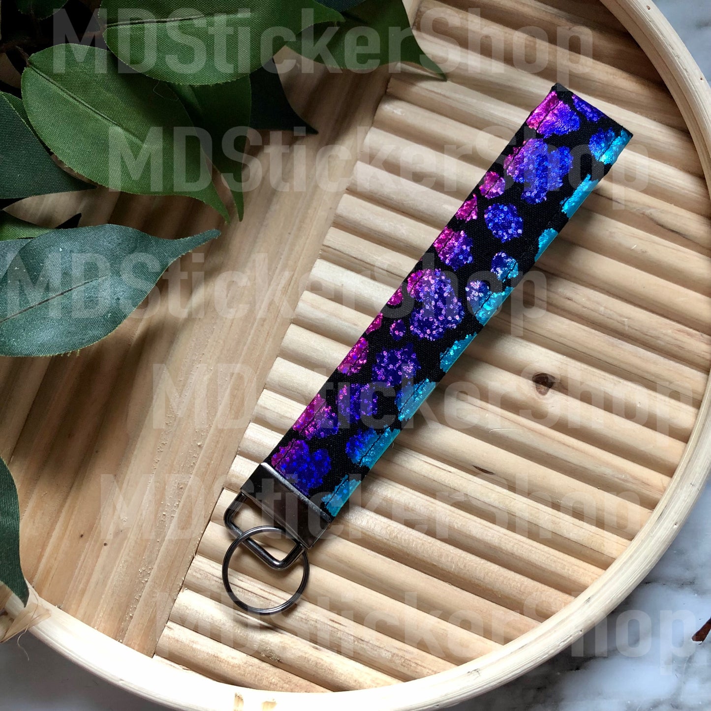 Metallic Rainbow Cheetah on Black Print Fabric Keychain
