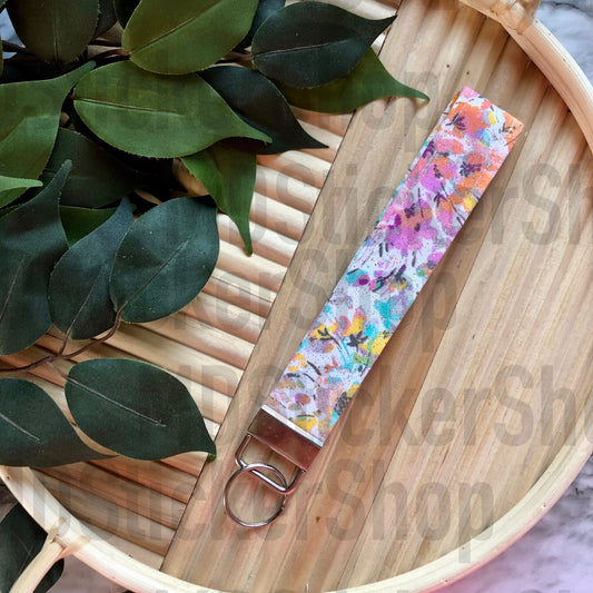 Pink Glitter Floral Print Fabric Keychain
