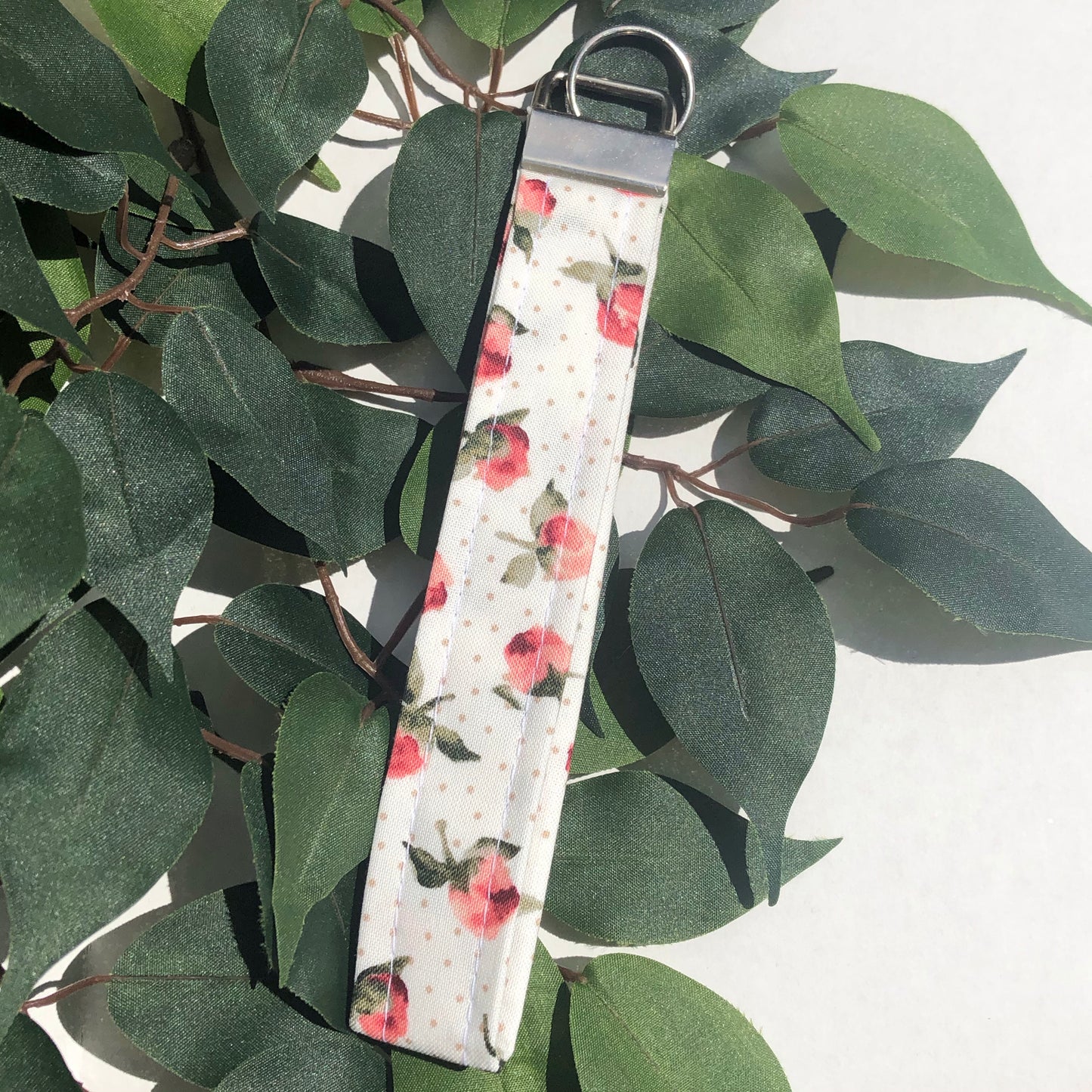 Floral with Polka Dot Print Fabric Keychain, Key Fob