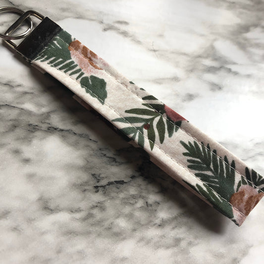 Cream Floral Print Fabric Wristlet Keychain, Key Fob