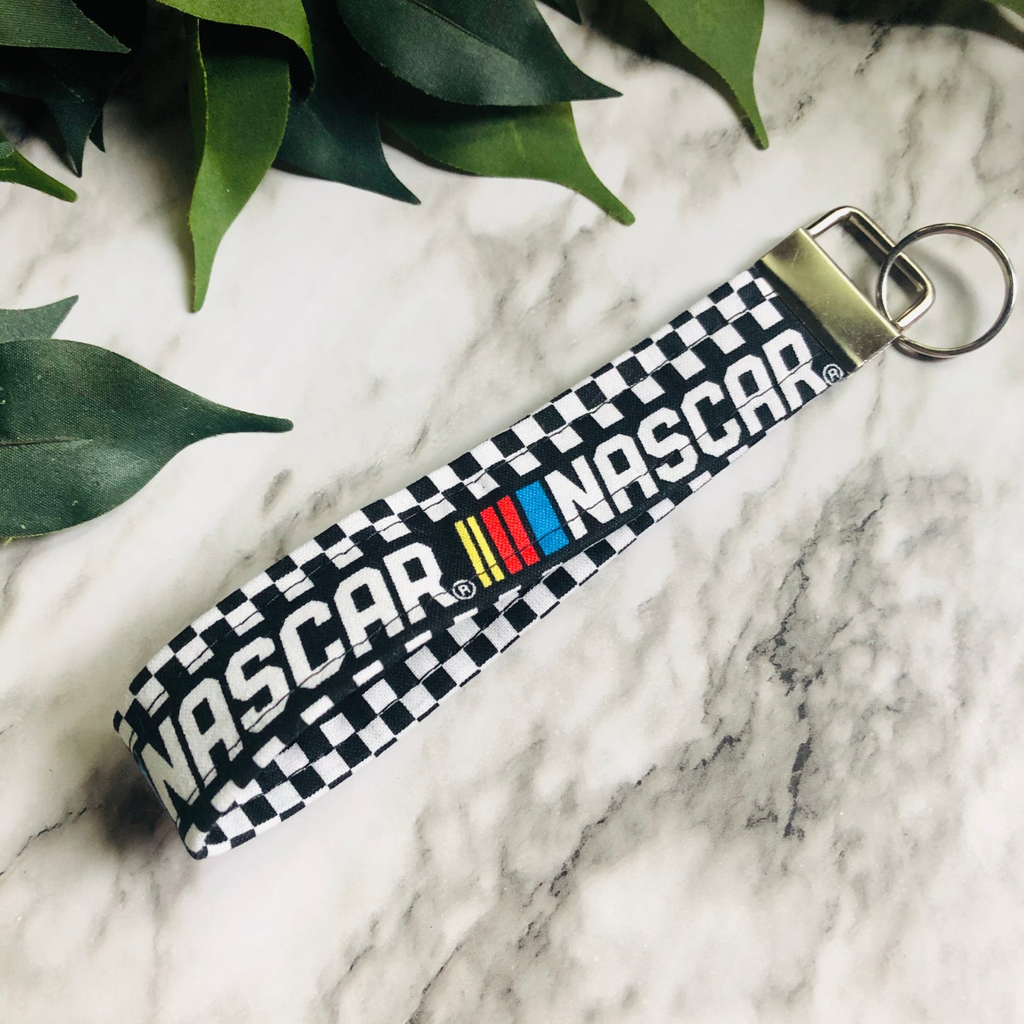 Black and White Checkered NASCAR Fabric Keychain, Key Fob