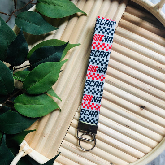 Black, White, and Red NASCAR Print Fabric Keychain, Key Fob