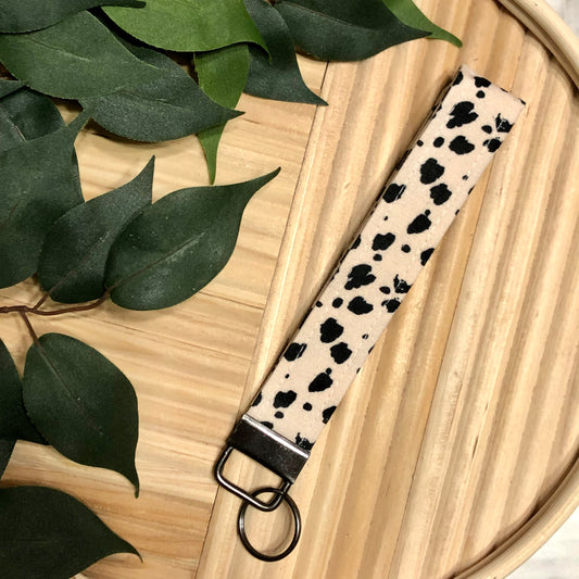 Black Spots on Tan Print Fabric Wristlet Keychain, Key Fob