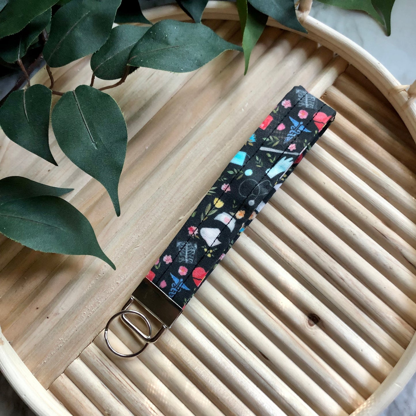Black Floral Medical Print Fabric Wristlet Keychain, Key Fob