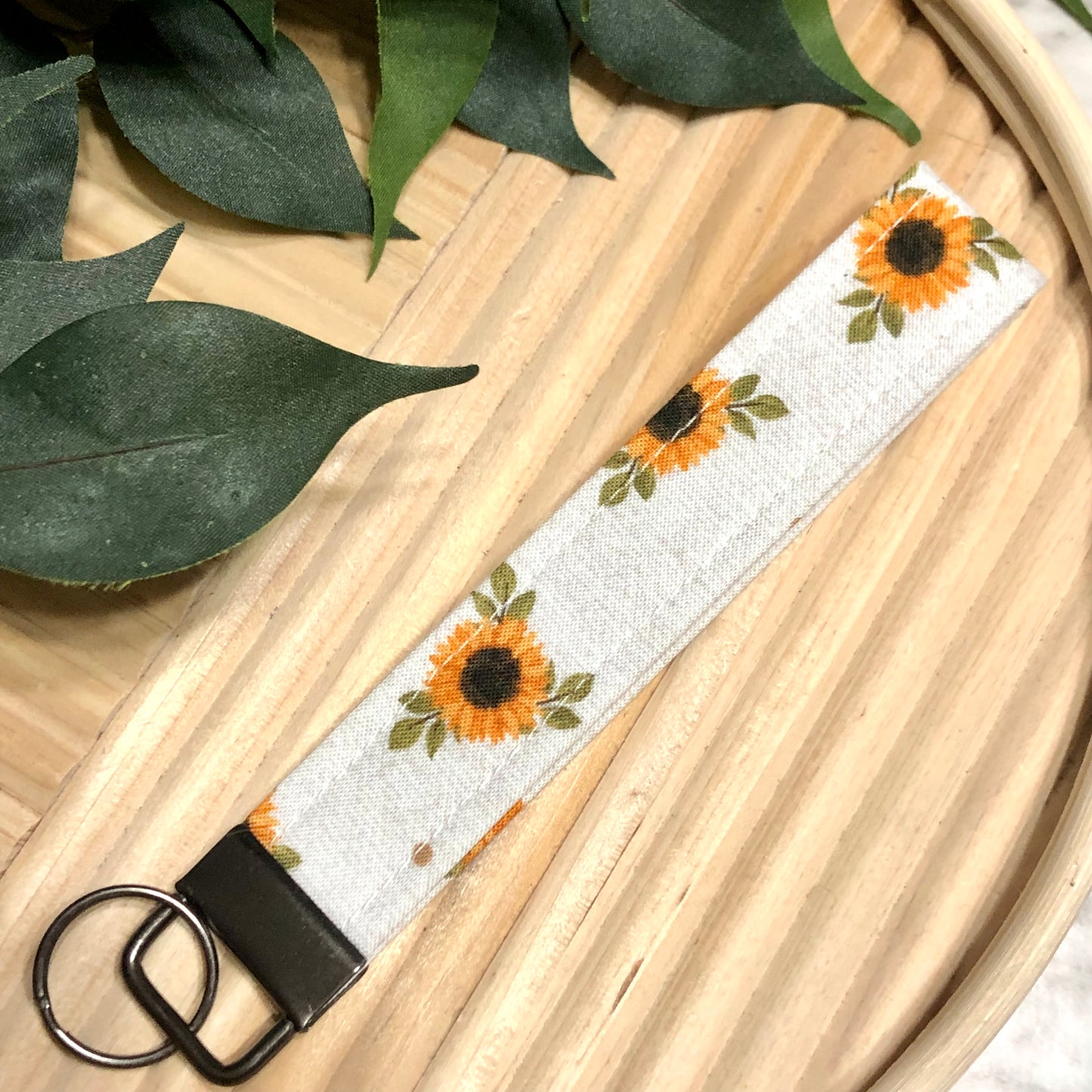 Sunflower Calico Print Fabric Wristlet Keychain, Key Fob
