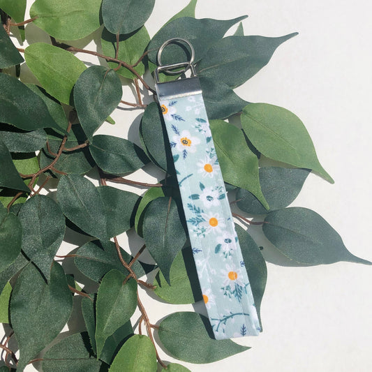 Light Blue Floral Print Wristlet Keychain, Key Fob
