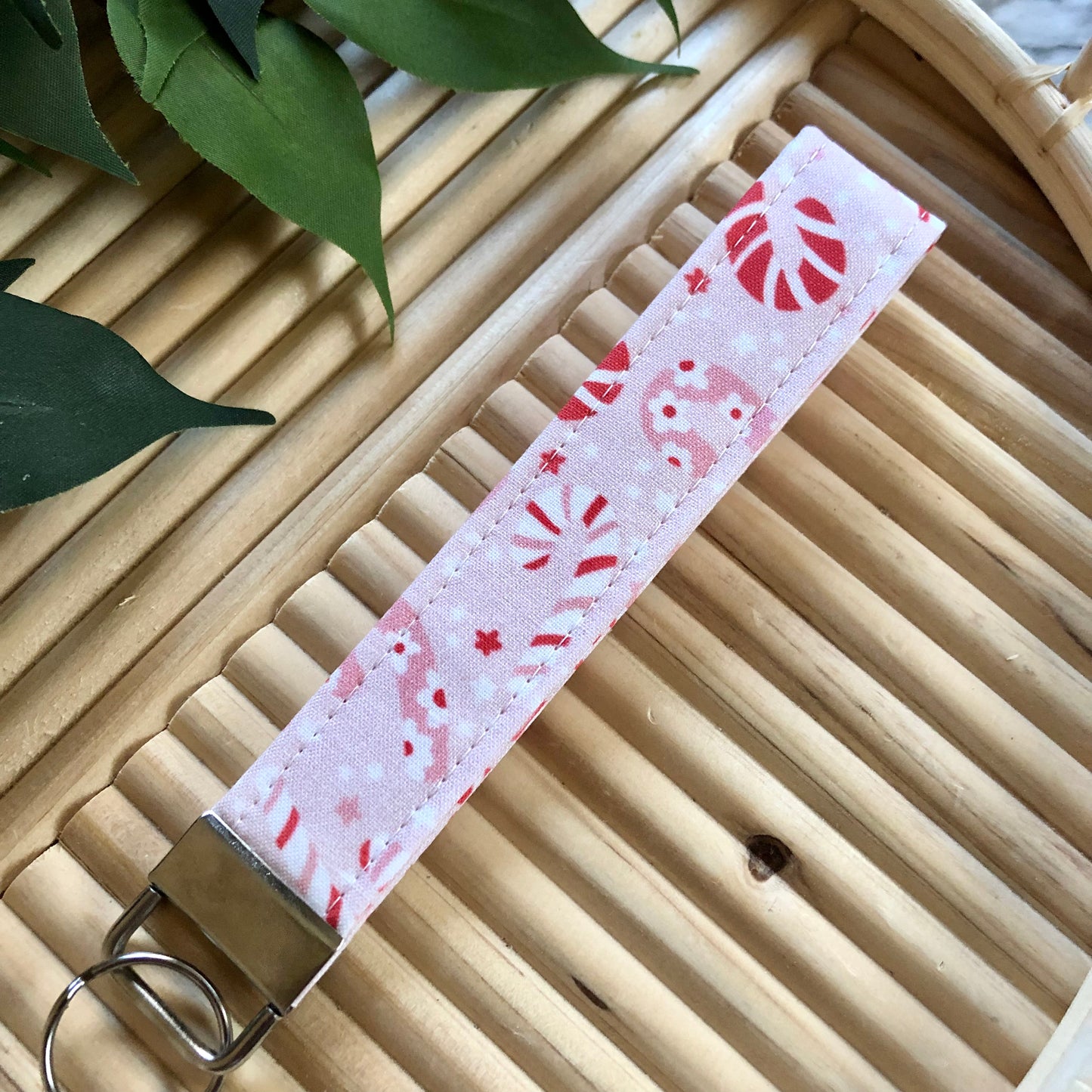Pink Candy Cane Print Fabric Keychain, Key Fob